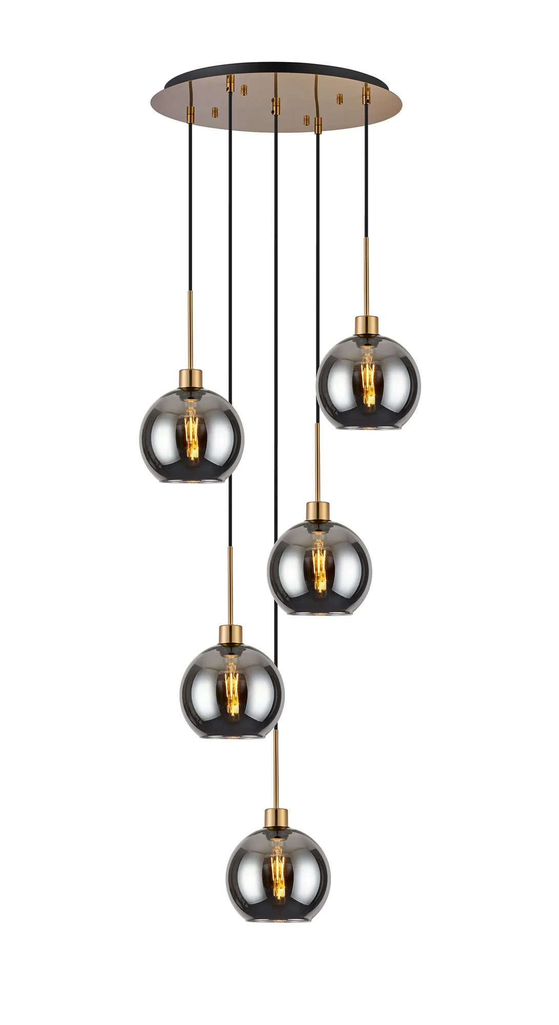 DK1195  Lori 45cm Round Pendant, 5 Light Adjustable E27, Antique Gold/Smoke Open Mouth Round Globe Shades